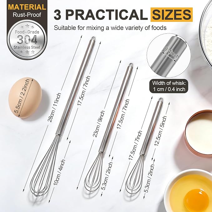 3 Pack Small Stainless Steel Whisk Set, Balloon Wire Whisks for Cooking, 7" 9" 11" Kitchen Whisks for Eggs, Sauces, Batter, Mixing and Baking
