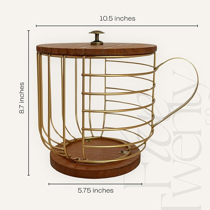 Large Coffee Pod Holder – Compatible w/KCup Pods and Capsules - Gold Metal K Cup Holder - Cute Coffee Pod Basket w/Wooden Lid - Coffee Pod Storage - Coffee Bar Decor (Wood & Gold, Large)