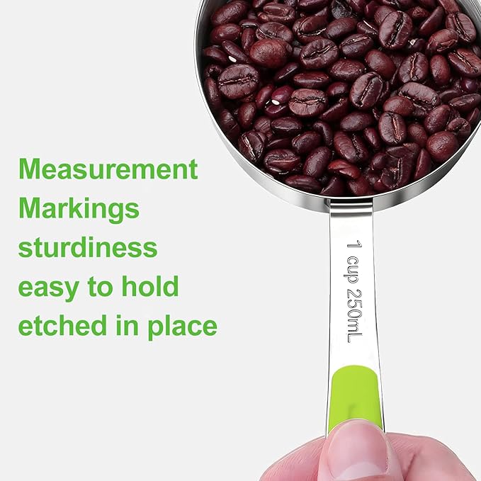Bopei Measuring Cups and Spoons Set Stainless Steel 10 Piece for Cooking and Baking (5 Cups + 5 Spoons, Green Handle)