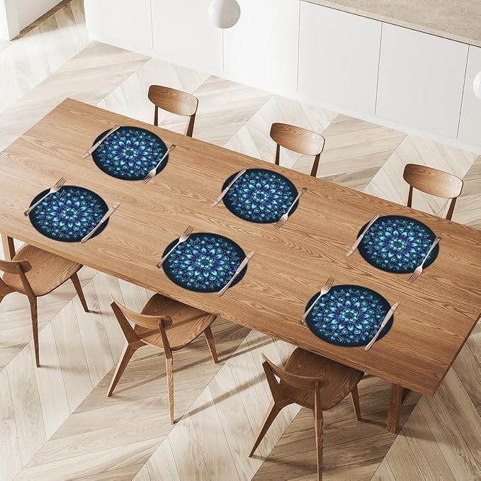 Round Placemats Set of 6, Ethnic Mandala Flower Teal Woven Placemats Mats Non-Slip Heat Resistant Washable Table Mats Round Braided Place for Farmhouse Kitchen Dining Party Decor 15in