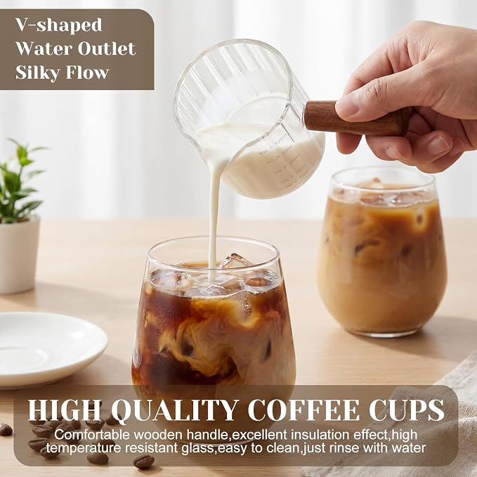 Espresso Cups Set of 4 with 4 Gold Spoons, 4 oz Espresso Shot Glasses with Wood Handle, V-shaped Spouts Cups, Milk Frothing Pitcher, Coffee Bar Accessories, Gift Set for Coffee Lovers(Clear)