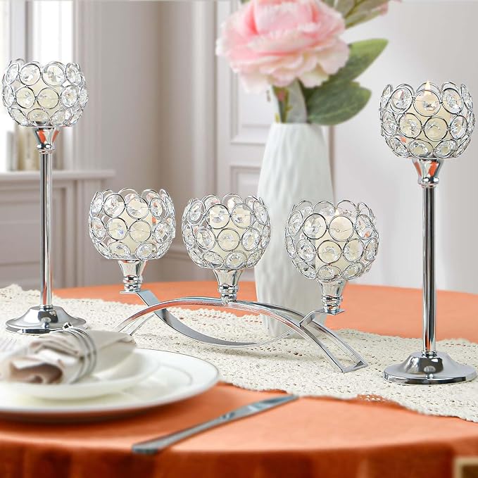 Crystal Tealight Candle Holder Centerpiece Home Decorative Candlestick Holder Elegant Table Centerpiece Home Decor Wedding Party Anniversary (Silver, Set of 3)