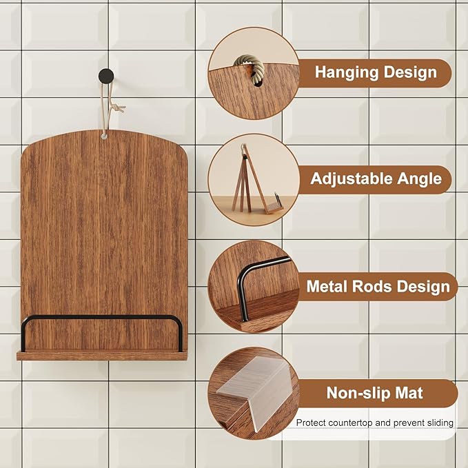 Wooden Cookbook Stand for Kitchen Counter, Rustic Brown Cook Book Stand fits Hanging or Countertop Display, Recipe Book Holder with Adjustable Angle, Wood Cooking Book Stands, Bible Display Holders