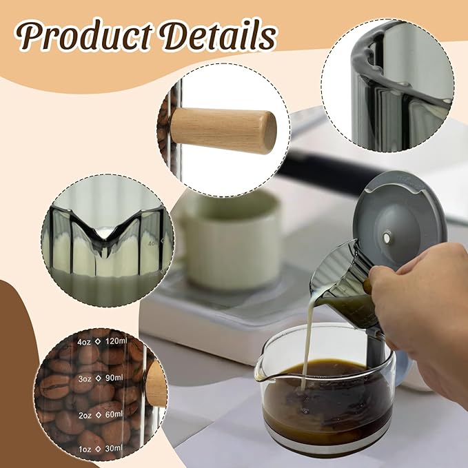 Glass Espresso Shot Measuring Cup Set, Gray, Double Spout Design with Wood Handle, 4 oz Capacity, 2 Pack, Coffee Bar Accessories (Gray)