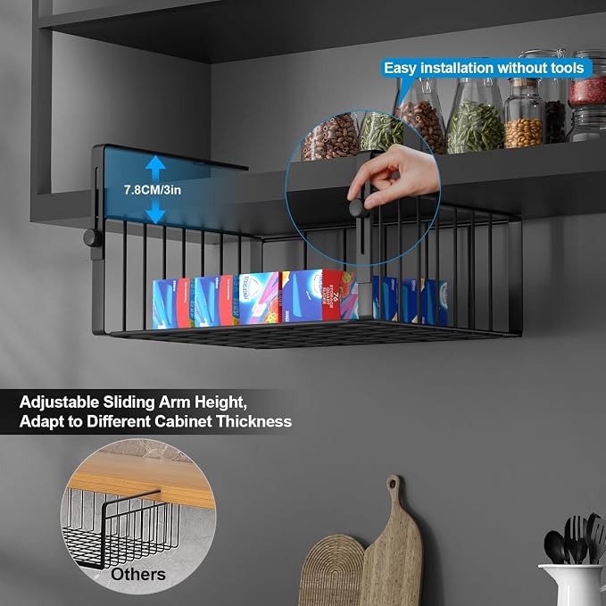 AmonHouseware 2Pack Under Shelf Basket Organizer,Adjustable Hanging Holder Storage for Cabinet Pantry Kitchen Cupboard Desk Counter Bookshelf Organization Add-on Space Saver Heavy Duty Slide-in,Black