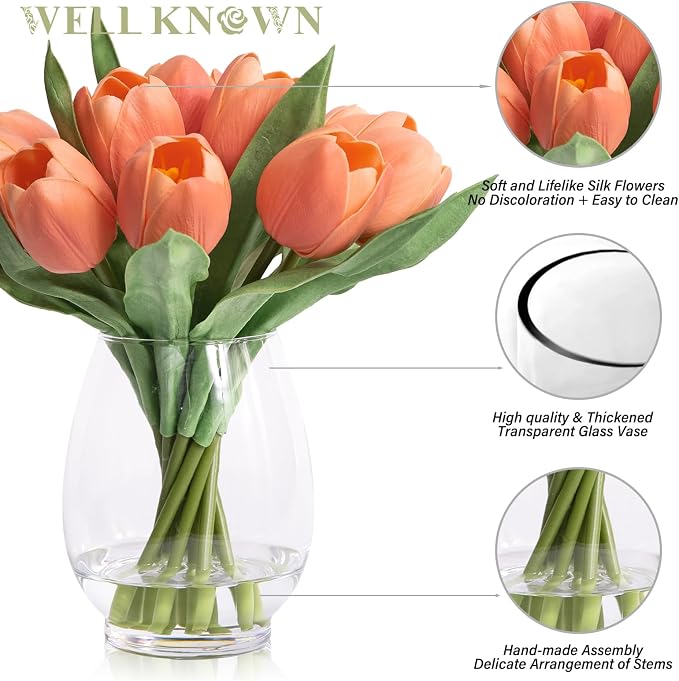 WELL KNOWN 12 Pcs Fake Tulips Artificial Flowers in Vase with Faux Water, Peach Pink Foam Tulips Arrangements with Vase for Home Office Wedding Dining Table Centerpiece Party Decor & Birthday Gift