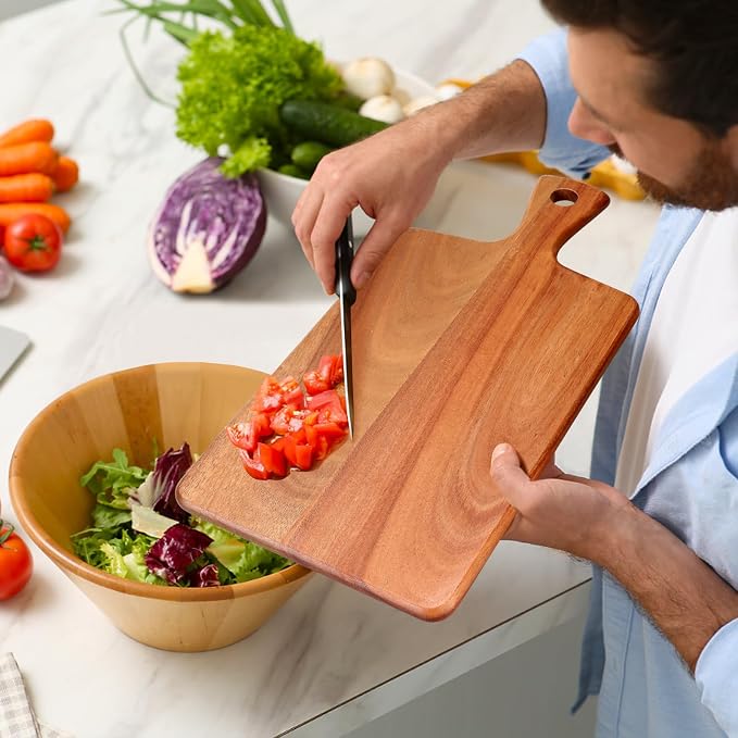 Acacia Wood Cutting Board with Handle for Kitchen, Small Wooden Chopping Boards for Fruit, Cheese, Bread, Meat, Charcuterie, Serving & Carving