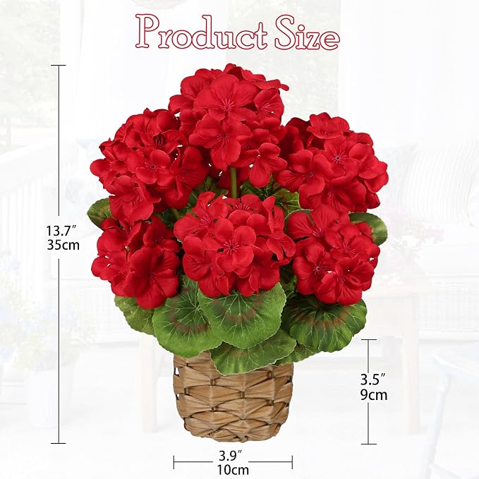 Briful Artificial Geraniums Flowers Potted Plant - 13.7'' Tall Faux Red Silk Realistic Lush Geraniums Flowers in Basket, Indoor&Outdoor Decorative Plant, Farmhouse Home Porch Office Patio Table