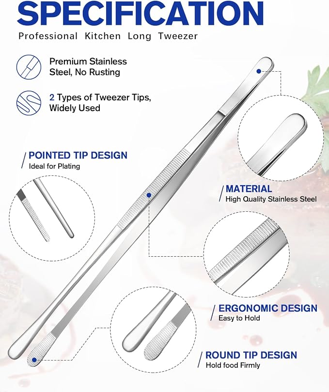 2 Pcs 12-Inch Kitchen Tweezers Fine Tweezer Tongs, Stainless Steel Professional Long Cooking Tweezers for BBQ, Sea Food, Repairing and Serving (SILVER)