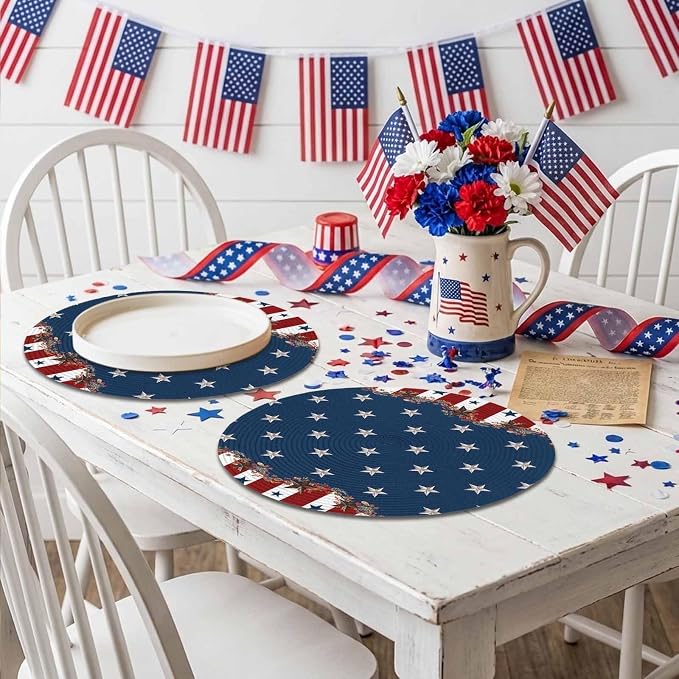 4th of July Round Placemats Set of 4 Rustic Star Stripes Place Mats Independence Day Woven Placemat Red White and Blue Circle Braided Table Mat for Kitchen Dining Table Holiday Party Decor 15 Inch