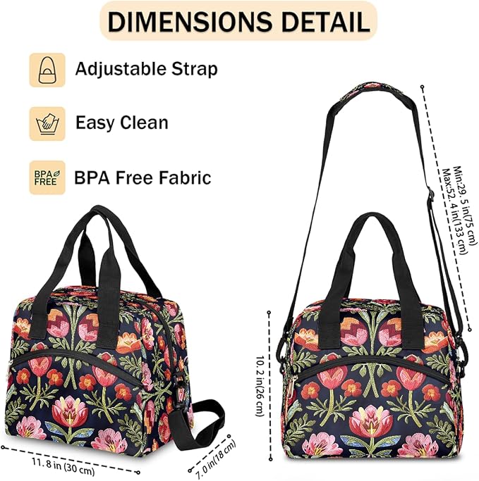 Pardick Red Flower Floral Insulated Lunch Bag for Women Girl Reusable Lunch Tote Box With Shoulder Strap Lightweight Thermal Cooler Meal Prep Bag for Work School Office Picnic