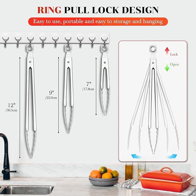 Kitchen Tongs for Cooking - 7 Inch & 9 Inch & 12 Inch Heat Resistant Stainless Steel Metal Locking Tong, BBQ Tongs Grill Tong for Cooking, Grilling, BBQ/Barbecue, Food (7+9+12inch)
