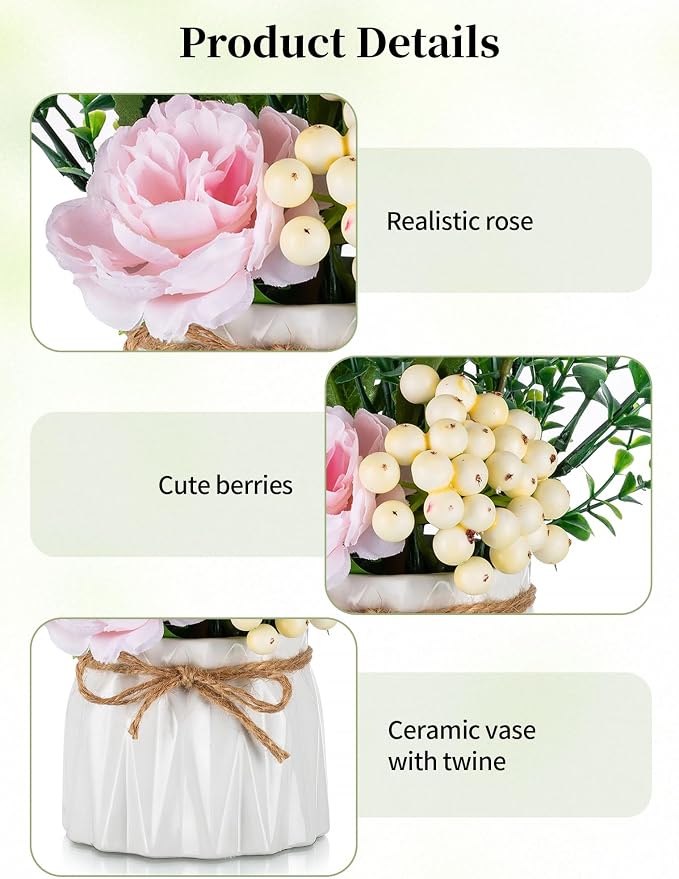 BLOSMON Table Decor Artificial Flowers Vase 7 Inch Small Fake Pink Flower Arrangement 2pcs for Tables Centerpieces Kitchen Dining Room Decorations Faux Flower in Vase Coffee Table Silk Roses