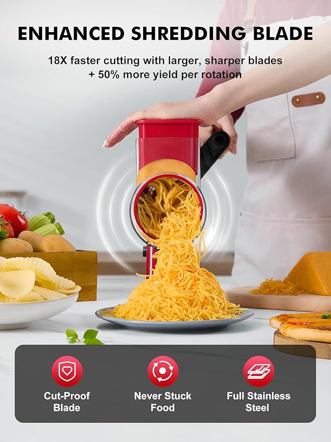 GDL Rotary Cheese Grater Hand Crank - Upgraded Cheese Shredder with 4 Interchangeable Blades, Rotary Grater with Non-slip Suction Base, Easy to Clean Kitchen Grater Slicer Grinder for Vegetable Nuts