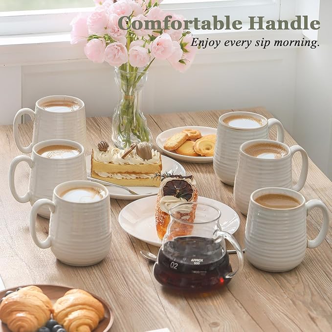 HASENSE Coffee Mugs, 12 Ounce Ceramic Coffee Cups Set of 4, Latte Mug with Handle for Milk, Cocoa, Cappuccino, Tea Cup for Mom Gift, Dishwasher Microwave Safe, Clay-Infused White