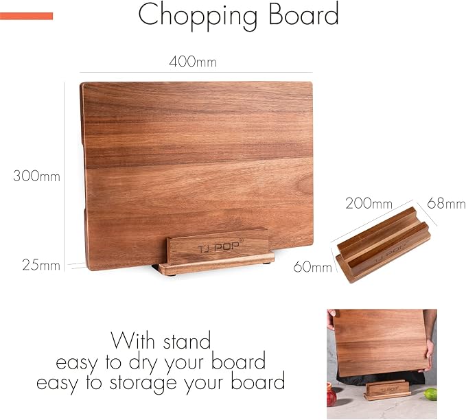 TJ POP Acacia Wood Cutting Board for Kitchen, Premium Wooden Chopping Board with Stand Organizer and Built-in Handle, 15.8 x 11.9 x 1 Inches Butcher Block Large Cheese Serving Board