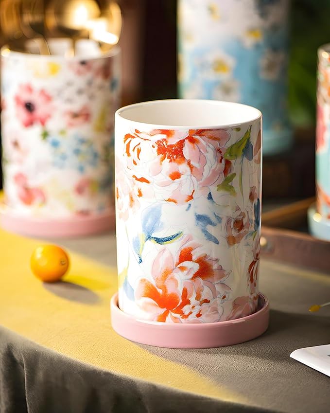 Utensil Holder for Kitchen Counter, Large Ceramic Utensil Holder Crock with Drain Tray, Hand-Painted Floral Rustic Farmhouse Kitchen Crock, Perfect for Women, Christmas, Hostess Gifts & Fall Decor