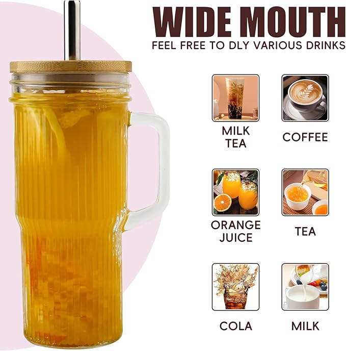 Ribbed Glass Cups with Bamboo Lids and Straws, Iced Coffee Tumbler with Handle, Mason Jar with Lid 24oz - Wide Mouth Drinking Glasses, Boba Cup Smoothie Tumbler Iced Coffee Cups, 2pack (Retro)