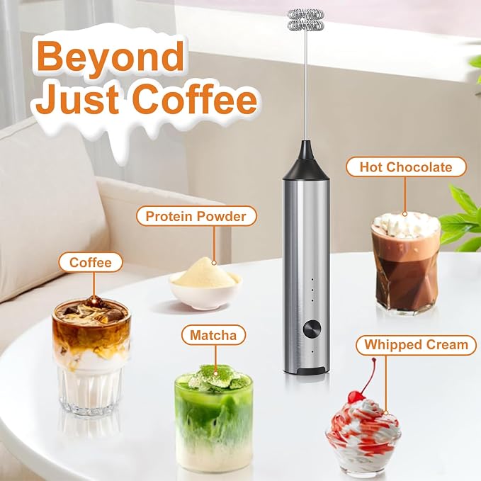 SOUTHMAN Milk Frother Handheld Foamer with Stainless Steel Stand, 3 Speeds Control, Electric Milk Frother Rechargeable Coffee Whisk, Drink Mixer for Latte, Cappuccino
