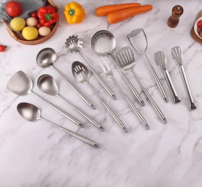 18/10 Stainless Steel Kitchen Utensils Set - 12 PCS All Metal Cooking Tools & 15″ Serving Utensils - Potato Masher, Meat Fork, Tongs, Turner, Pasta, Serving Spoon, Skimmer, Ladle, Spatula Spoon Set