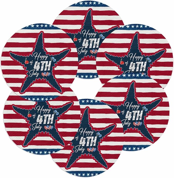 4th of July Round Placemats Set of 6 Happy 4th of July Place Mats Independence Day Woven Placemat Red White Blue Starfish Star Stripes Circle Braided Table Mat for Kitchen Dining Table Party 15 Inch