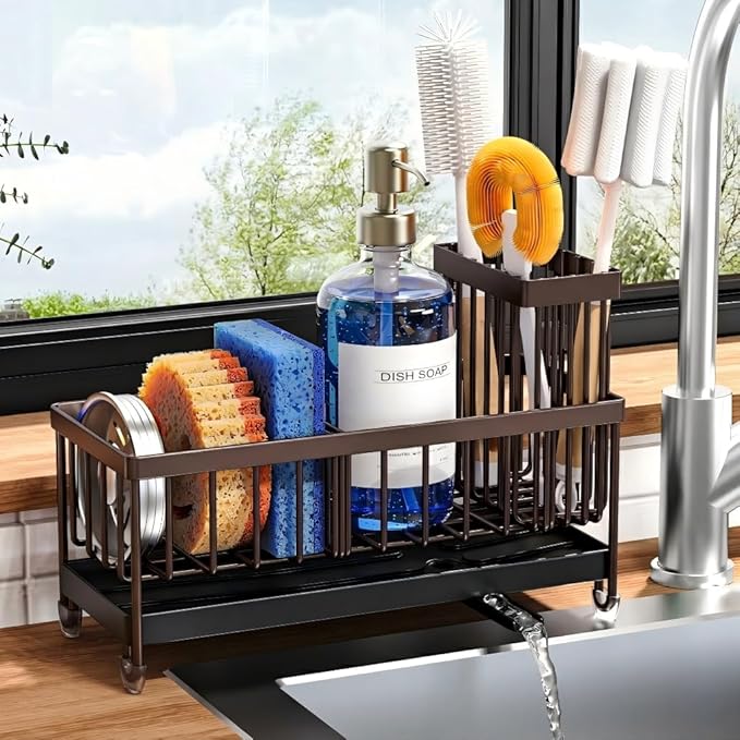 Cisily Brown Sponge Holder for Kitchen Sink, Sink Caddy Organizer with High Brush Holder, Kitchen Countertop Organizers and Storage Essentials, Rustproof 304 Stainless Steel, Soap Dispenser Organize