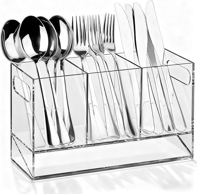 Utensil Holder, Upgrade Stainless Steel Utensil Drying Rack with Automatic Drain Tray for Kitchen Counter, Silverware Cutlery Organizer for Spoons, Forks, Knifes, Chopsticks (Clear Acrylic)