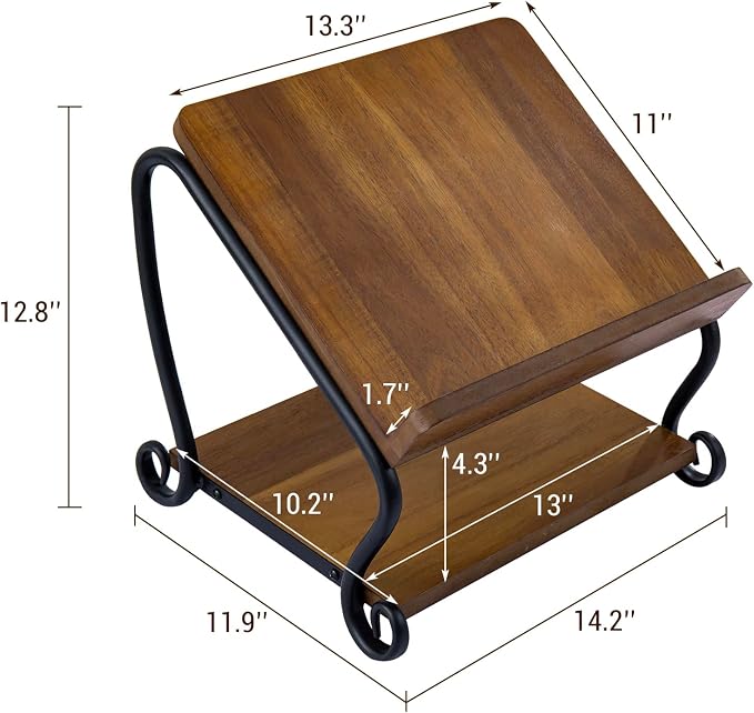 MyGift 2-Tier Deluxe Solid Wood and Matte Black Scrollwork Metal Cookbook Holder Stand with Bottom Storage Shelf – Rustic Recipe Book Display Rack for Kitchen Countertop