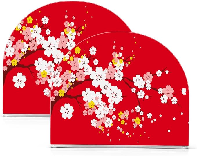 Japaneses Tree Red Cherry Bloom Napkin Holder for Tables Paper Cocktail Napkin Holders for Kitchen and Dinning, Acrylic Dinner Napkin Dispenser for Restaurant Home Decor Bar Accessories 2 Pack