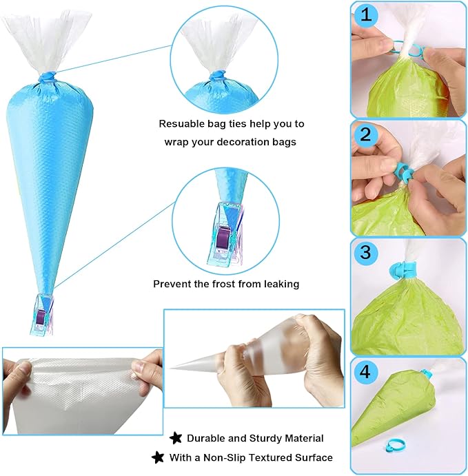 Piping Bags and Tips Set - 100 12Inch Disposable Pastry Piping Bags for Royal Icing with 7 Frosting Tips, 10 Icing Bags Ties, 2 Scriber Needle - Tipless Piping Bags Kit for Cookies & Cake Decorating