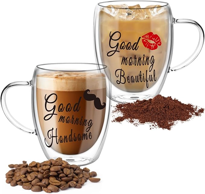 Double Wall Glass Coffee Mugs Set of 2, Clear Insulated Glass Mugs for Hot Beverages, Valentines Day Gifts, Suitable for Tea, Latte, Espresso, Cappuccino (12 oz Couple)