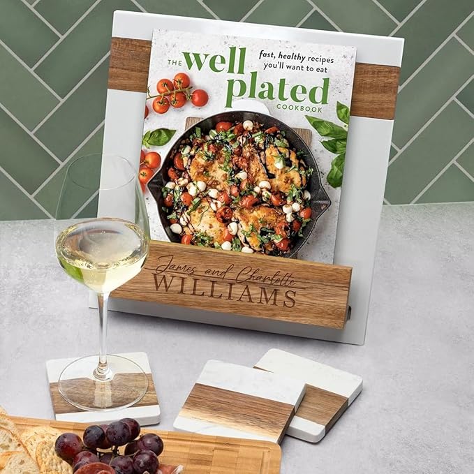 Personalized Cookbook Stand – Custom Engraved Acacia Wood & White Marble Recipe Book Holder with Weighted Base – Rustic Design, Tablet & Cookbook Stand for Kitchen Counter, 12 × 11 × 7.5 