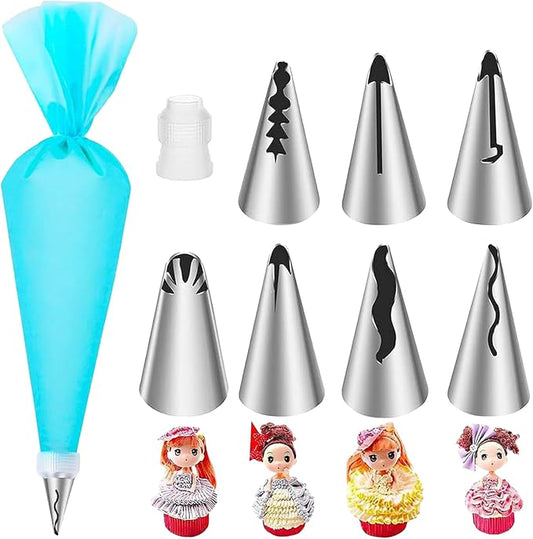 9 Pcs Ruffle Piping Tips Set, Reusable Silicone Piping Bags, Seamless Stainless Steel Cake Piping Tips, Pleated Skirt Piping Nozzles Set for Cakes, Cupcakes, Cookies, Cake Decorating, Baking Tools
