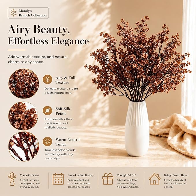 Mandy's Brown Artificial Baby’s Breath Flowers 6 Bundles Silk Gypsophila, 18.5 Inch European Style Modern Home Decor Centerpiece, Neutral Wedding Flower Arrangements
