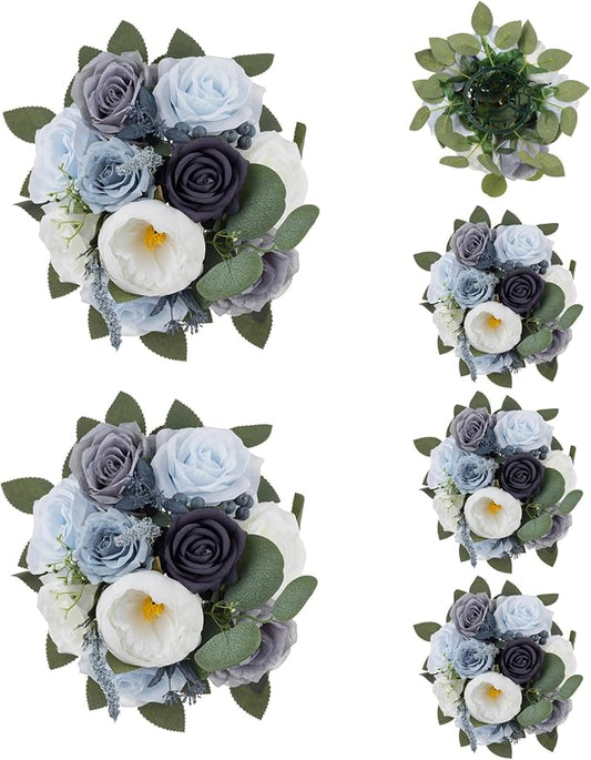 BLOSMON Artificial Flowers Ball Wedding Centerpieces 6 Pcs Dusty Blue Rose Artificial Flower Center Pieces Decoration for Table Silk Kissing Ball Floral Bouquet Arrangements Home Party DIY Decor
