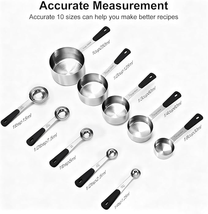Bopei Measuring Cups and Spoons Set Stainless Steel 10 Piece for Cooking and Baking (5 Cups + 5 Spoons, Black Handle)