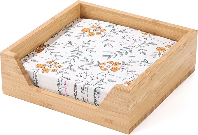 Bamboo Napkin Holder, 7.36" x 7.36" x 2.16" Napkin Holder for Table with Large Side Opening for Easy Access, Large Storage Square Napkin Dispenser, Home Kitchen Dining Tabletop Decor