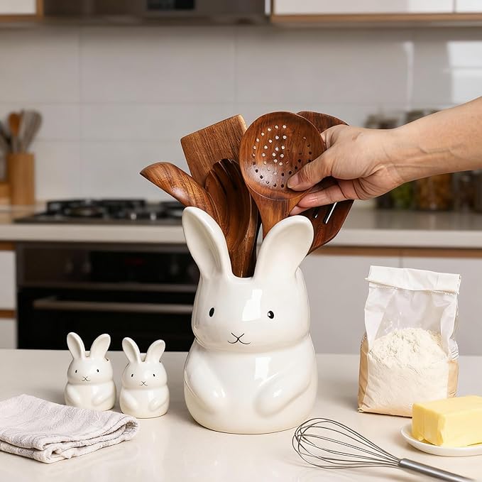 SOCOSY Ceramic Rabbit Kitchen Utensil Holder For Countertop Large Cooking Utensil Crock Holder Spatula Holder, Pure White