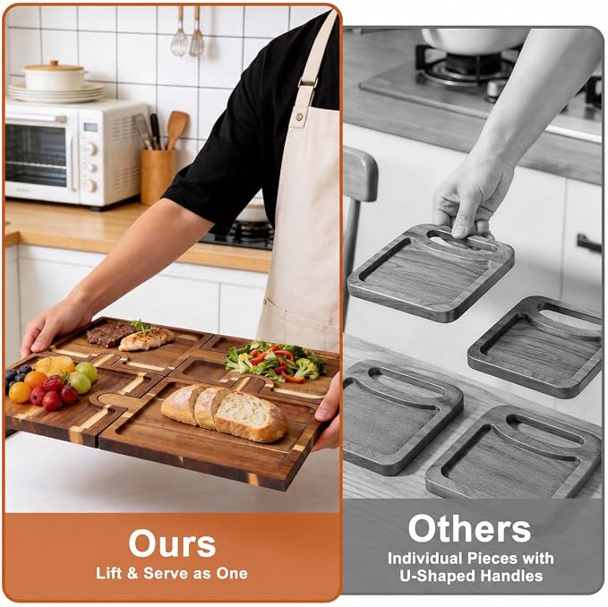 Wooden Charcuterie Boards Set of 4, Puzzle Serving Trays with Stand | Made from acacia wood,4-piece puzzle design,portable,18 inch ideal for charcuterie,snacks,appetizers,parties and gatherings