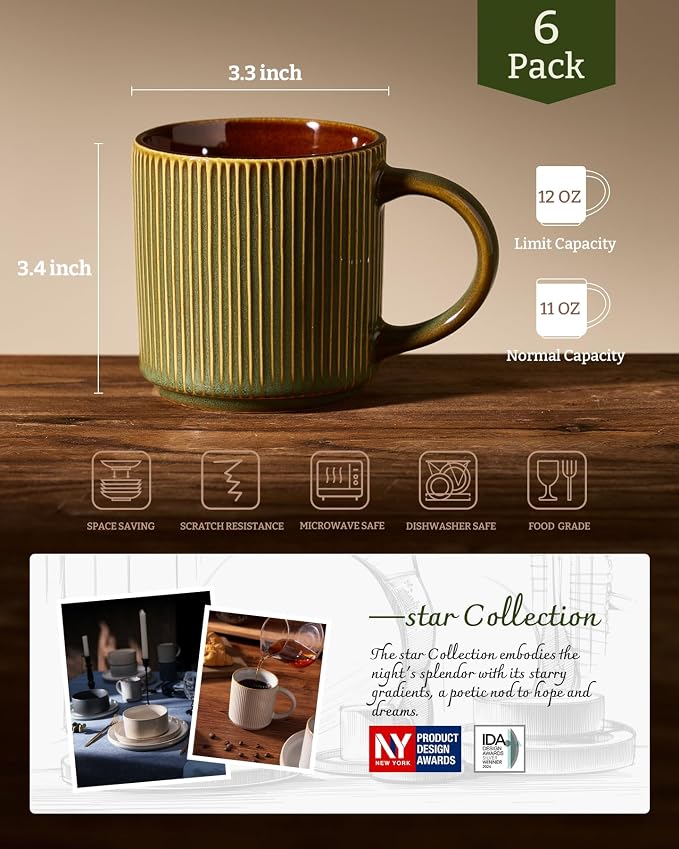 famiware Coffee Mug Set for 6, Star 12 oz Catering Mugs Cup Set with Handle for Coffee, Tea, Cocoa, Milk - Ceramic Stoneware Drinkware Set, Moss Cocoa