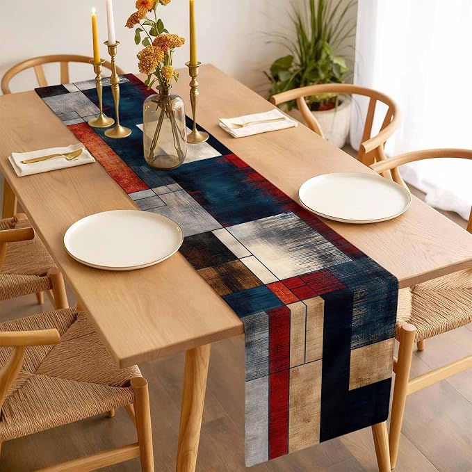 Vintage Geometric Table Runner - 120 Inch Long Modern Abstract Aesthetics Cotton and Linen Blended Dress Scarves Farmhouse Table Runner for Kitchen Dining, Coffee Table, 13" x 120"