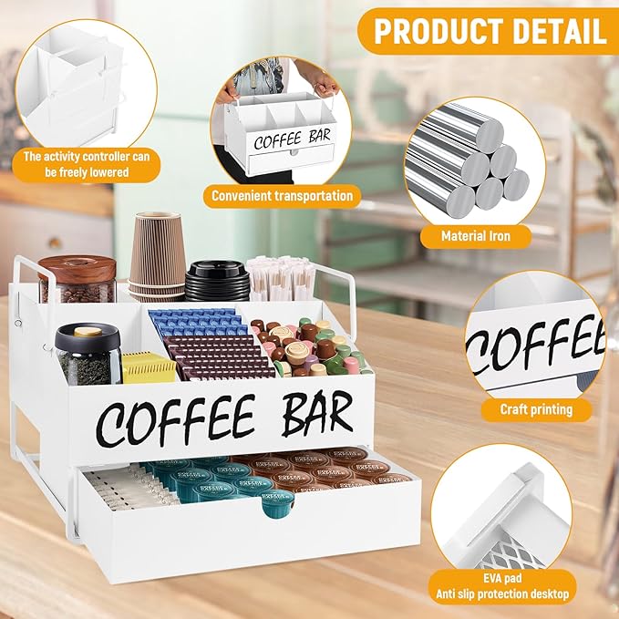 Coffee Bar Accessories Organizer - Countertop Coffee Station with Drawer, Pod Holder & Condiment Organizer，White
