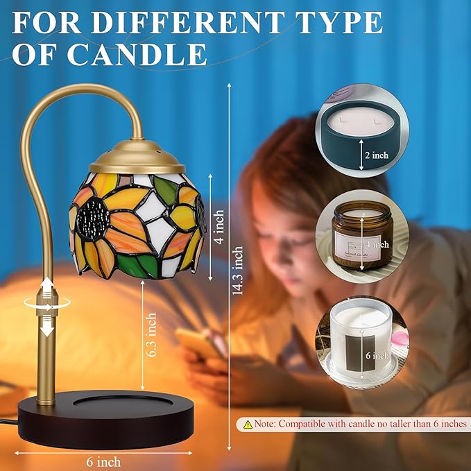 Candle Warmer Lamp - Electric Candle Lamps Timer Dimmer, Sunflower Tiffany Style Stained Glass Candle Warming Lamp Compatible with Jar Candles Valentine Birthday Gifts for Mom Friend Wax Melt Warmer