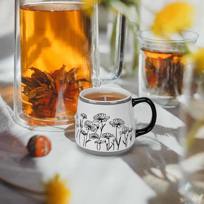 Schliersee 16 OZ Floral Coffee Mugs Set of 4, 16 Ounce Mug, Large Porcelain Mug for Man Woman, Floral Cup for Latte, Tea, Cappuccino, Mocha, Cocoa, Housewarming Wedding Present