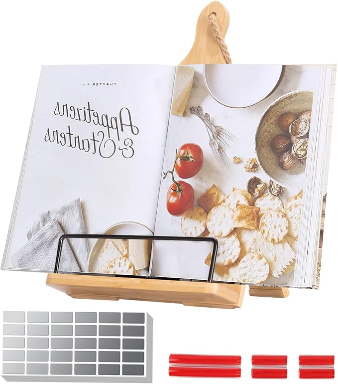 Cookbook Stand, Wooden Cookbook Holder for Kitchen Counter, Recipe Book Holder with Measurement Conversion Chart, Recipe Book Stand for Holding Cookbooks