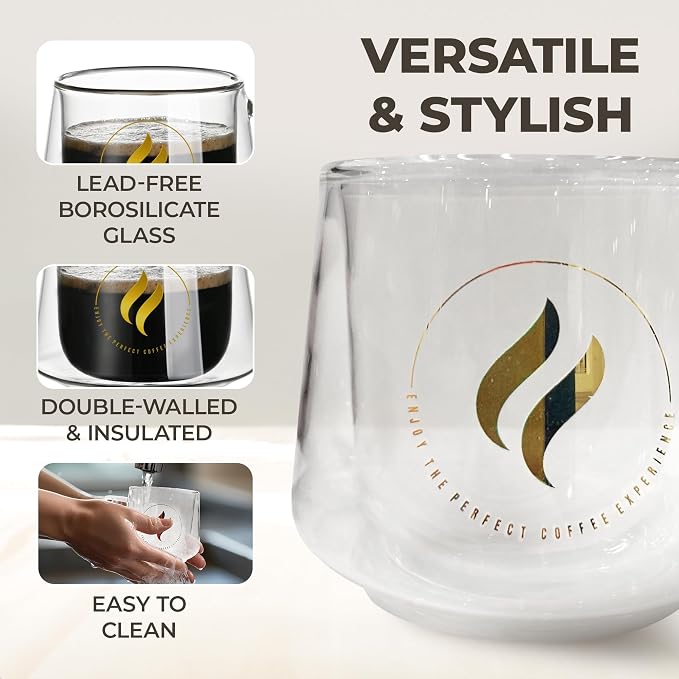 GLORAMA Double Walled Glass Coffee Mugs - 10oz Coffee Mugs for Tea, Espresso, & Cappuccino - Freezer & Microwave Safe Coffee Mugs Set of 4