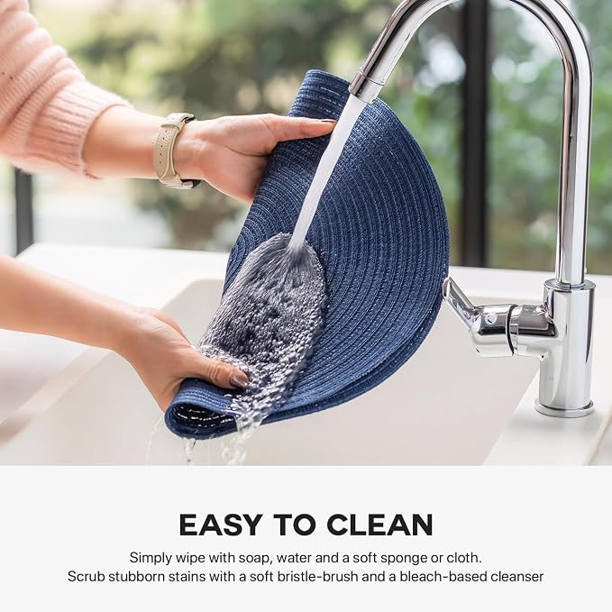 Round Placemats Set of 8 Woven Placemats Washable Braided Table Mats for Dining Table Heat Resistant Non-Slip Circle Place Mats(Navy Blue)