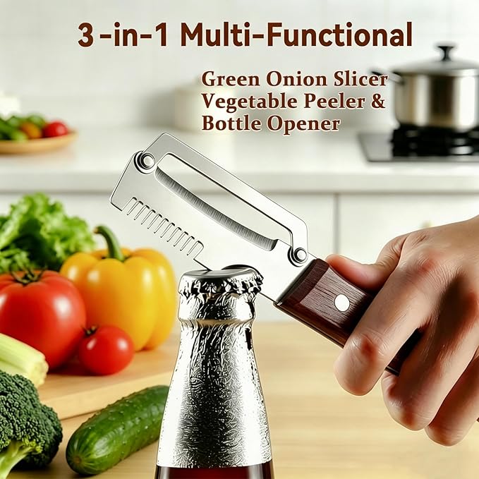 Multi-Functional Vegetable Peeler for Kitchen with Wooden Handle and Bottle Opener, 3 in 1 Stainless Steel Green Onion Slicer Kitchen Tool for Fruit Potato Pumpkin Apple carrot Papaya, Non-Slip Handle