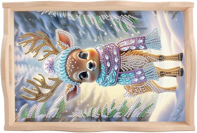 DIY Diamond Serving Tray Rectangular Breakfast Tray with Handle Handmade Diamond Art Painting Wooden Tray for Dinner Plate Coffee Room Living Home Organizer-Deer