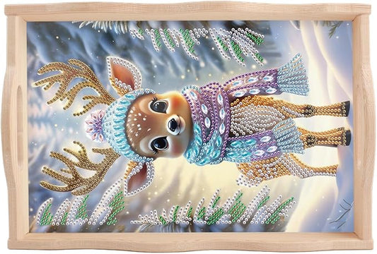 DIY Diamond Serving Tray Rectangular Breakfast Tray with Handle Handmade Diamond Art Painting Wooden Tray for Dinner Plate Coffee Room Living Home Organizer-Deer